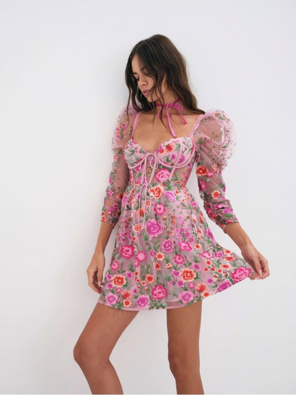 For Love & Lemons Pink Floral Embroidered Puff-Sleeve Mini Dress